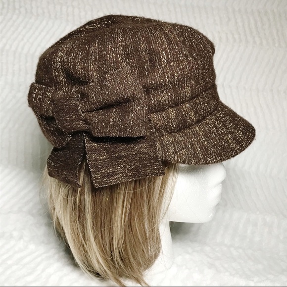 Accessories - August Hat Newsboy Knit Cap w/Bow Brown Tweed